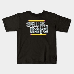 Spelling Nerd. Fun design made for people who love proper English spelling and proudly identify as nerds or members of the spelling police.  Black and white letters and yellow pencils. (Black Background) Kids T-Shirt